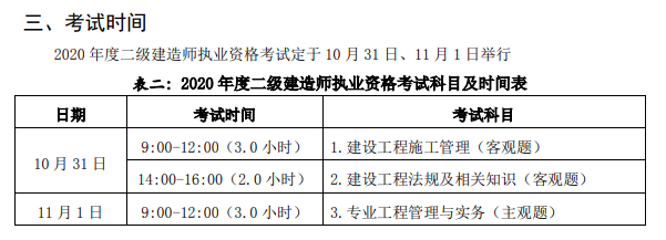 山西2020二建考试时间